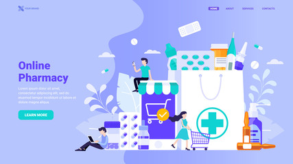 Online pharmacy site design concept. Flat vector illustration with small characters for web site design, banner, landing page. Buy medicaments and drugs online. E-commerse site design. - obrazy, fototapety, plakaty