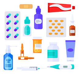 Medicaments large collection. Set of medical items: bottles, pills, ampoule, syringe, spray, drops, drops, capsules, cream, paste, plaster. Flat vector illustration. 
