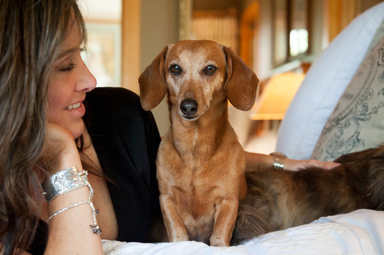 Smiling woman with dachshund dog lying on bed at home