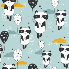 Wall murals Animals with balloon Pandas with air balloons, hand drawn backdrop. Colorful seamless pattern with animals, stars, clouds. Decorative cute wallpaper, good for printing. Overlapping background vector
