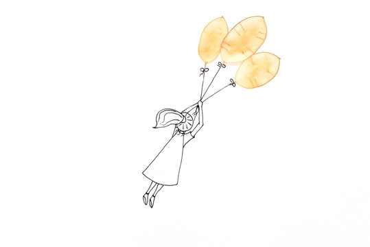 Hand Drawing Cute Cartoon Girl Flying With Balloon Made Of Translucent Seedpods. Minimal, Creative Or Dreaming Concept. Copy Space