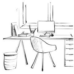 Fototapeta premium Workspace office desk computer chair potted plant. Interior sketch