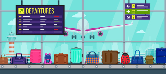 Flat vector illustration: Airport with windows, runway and take-off plane. Interior inside airport: departure table and pointers with signs and icons. Conveyor belt with luggage.