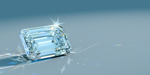 Close-up emerald cut diamond with caustics rays on turquoise background