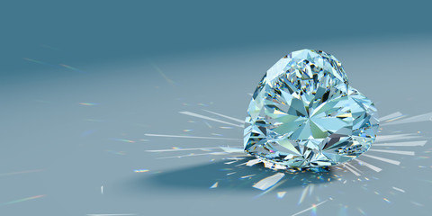 Close-up heart cut diamond with caustics rays on turquoise background