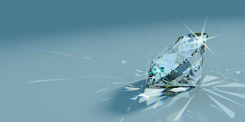 Close-up round cut diamond with caustics rays on turquoise background, side view - obrazy, fototapety, plakaty