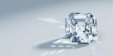 Close-up asscher cut diamond with caustics rays on light blue background