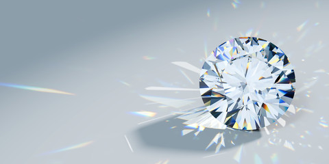 Close-up round cut diamond with caustics rays on light blue background