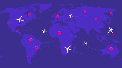 Vector illustration: world map with airplanes and pins. Flat vector concept in purple and pink colors. Colorful background image. Small realistic planes on world map and flight routes with geo tags.