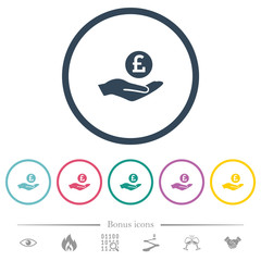Pound earnings flat color icons in round outlines
