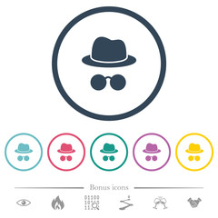 Incognito with glasses flat color icons in round outlines