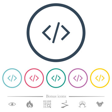 Script code flat color icons in round outlines