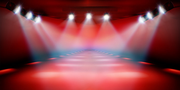 Stage podium during the show. Red background. Fashion runway. Vector illustration.
