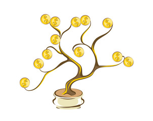 Money tree with golden coins. Gold dollars on wood branches. Cartoon style, isolated on white