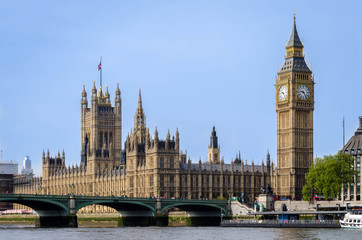 Fototapeta na wymiar London city / England - May 2014: Big Ben and Parliament building looking across river Thames