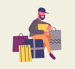 Bearded man and shopping bags with purchases. Sale at store. Flat design, vector illustration