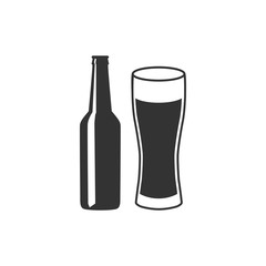 Beer bottle and glass icon isolated. Alcohol Drink symbol. Flat design. Vector Illustration