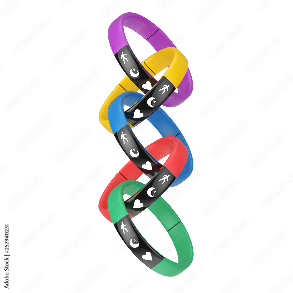 Poster Multicolour Fitness Trackers in Shape of Chain. 3d Rendering