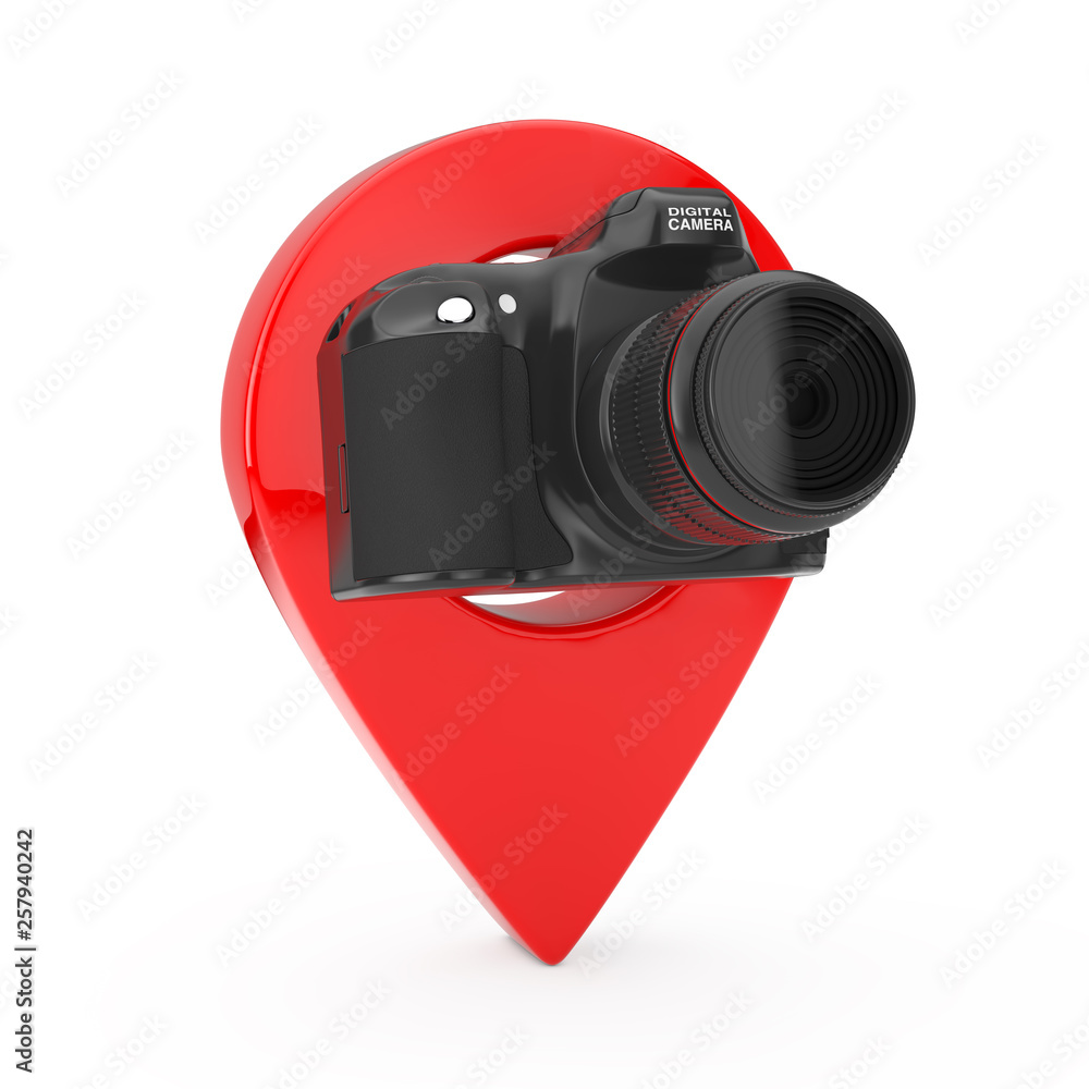 Poster abstract modern digital photo camera with target pin pointer. 3d rendering