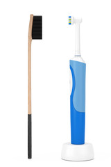 Wooden Bamboo Tooth Brush near Electric Toothbrush