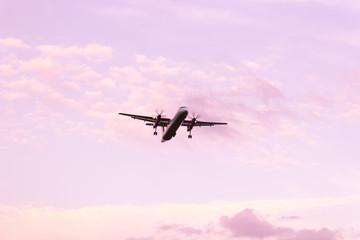 Fototapeta na wymiar A large old passenger plane flies at sunrise against a pink sky