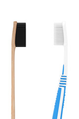 Wooden Bamboo Tooth Brush near Simple Plastic Toothbrush. 3d Rendering