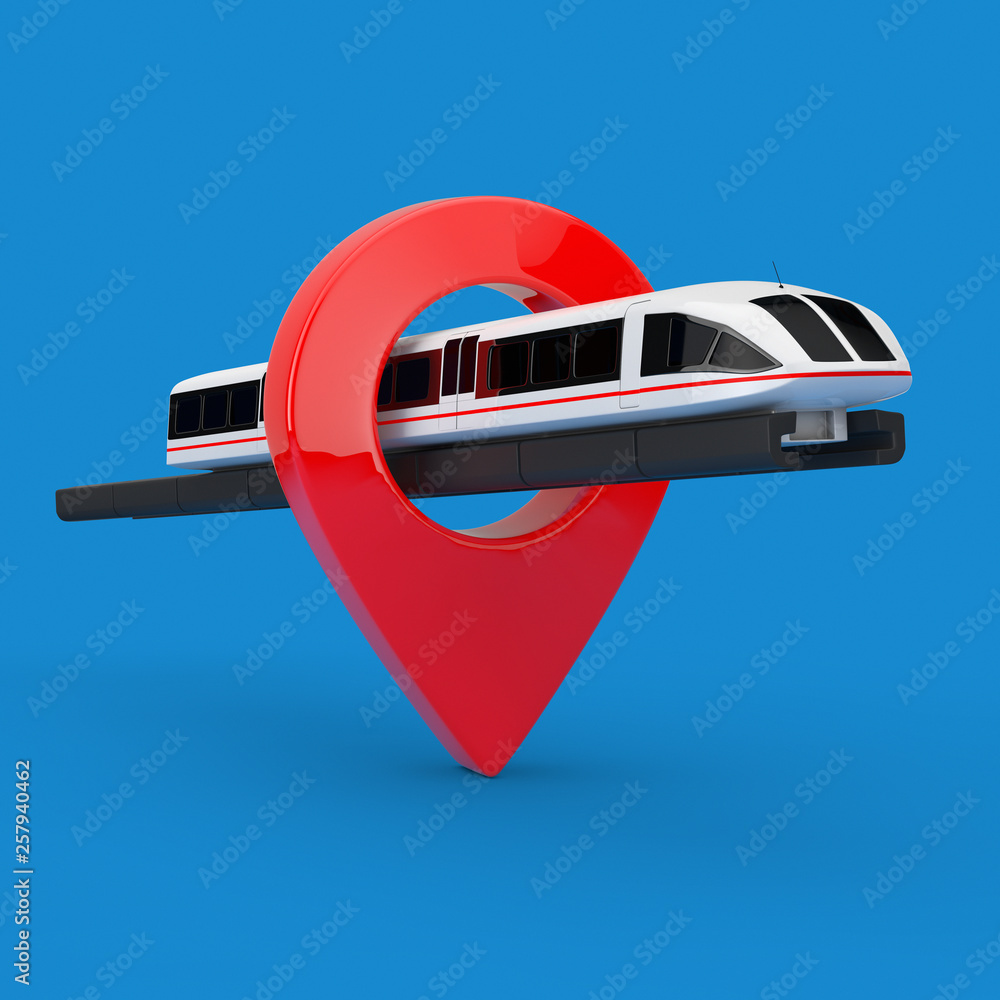 Poster Super High Speed Futuristic Commuter Train with Target Pin Pointer. 3d Rendering