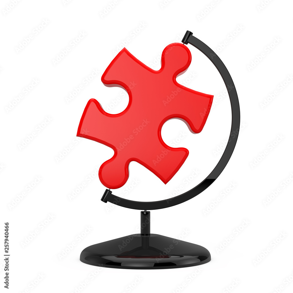 Poster red jigsaw puzzle piece in the shape of earth globe. 3d rendering