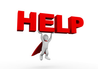 3d flying businessman super hero superman in a raincoat carrying text help