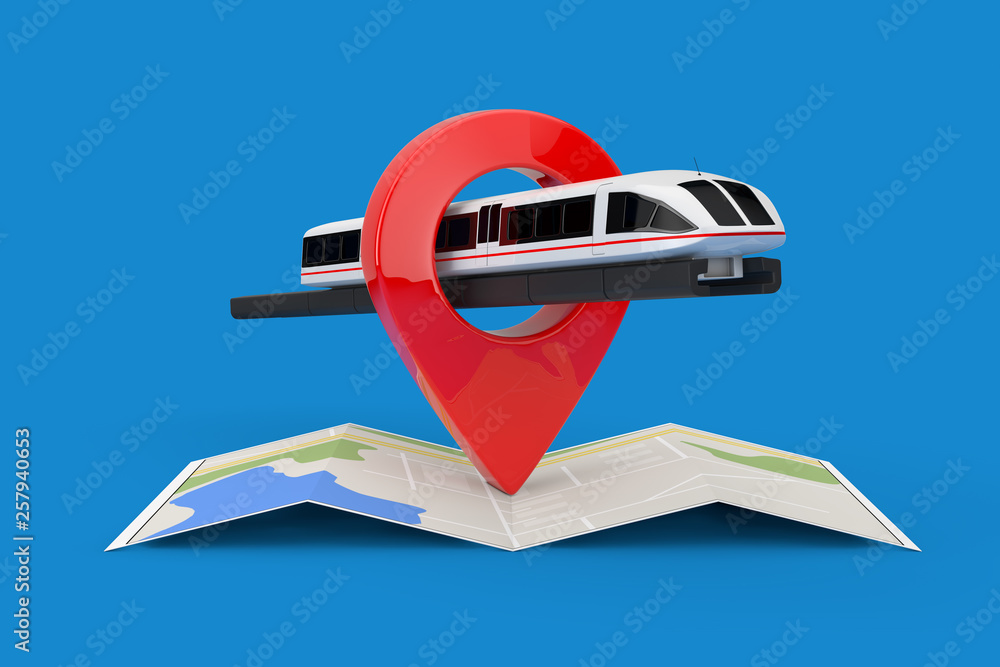Aufkleber Super High Speed Futuristic Commuter Train over Folded Abstract Navigation Map with Target Pin Pointer. 3d Rendering