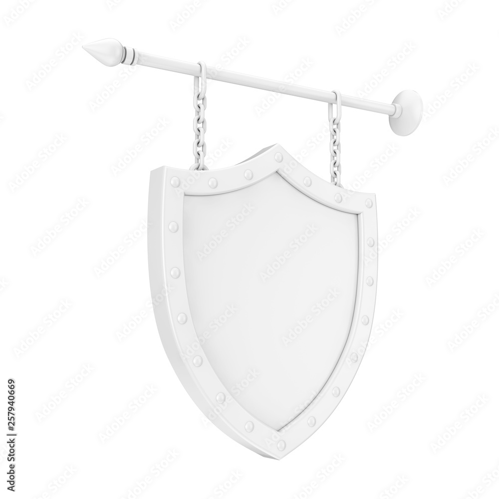 Poster shield shaped white blank signboard with chains in clay style. 3d rendering