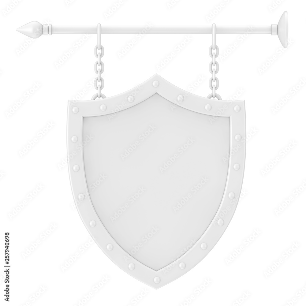 Poster shield shaped white blank signboard with chains in clay style. 3d rendering