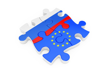 European Union and Russia Cooperation Puzzle as Flags. 3d Rendering