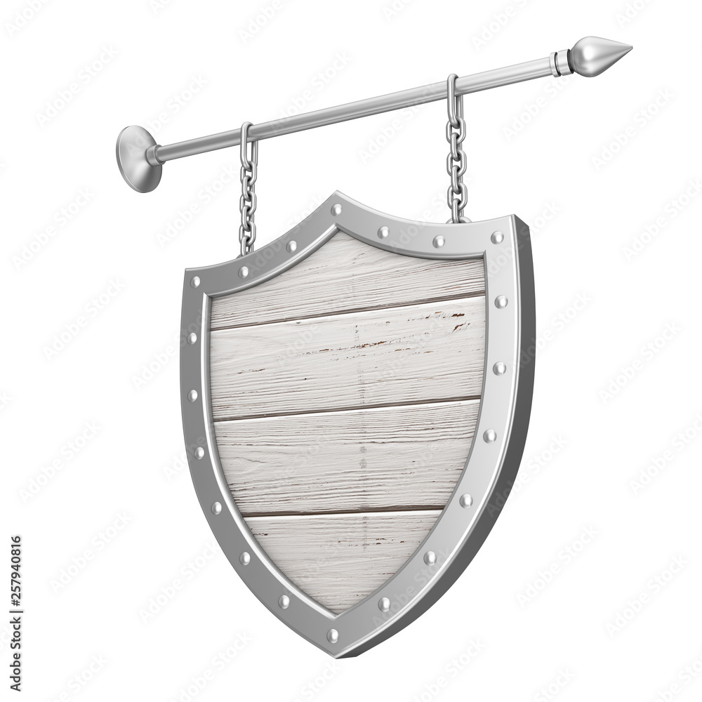 Poster shield shaped rusty wooden signboard with chains. 3d rendering