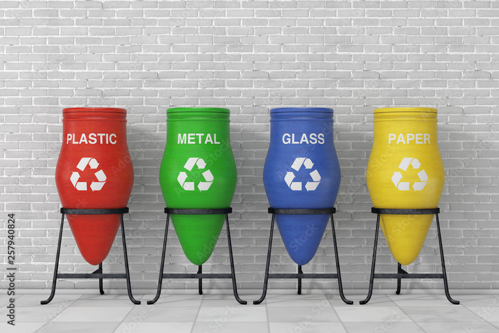 Poster Colorful Clay Trash Bin Pots with Recycle Sign and Sorting Waste. 3d Rendering