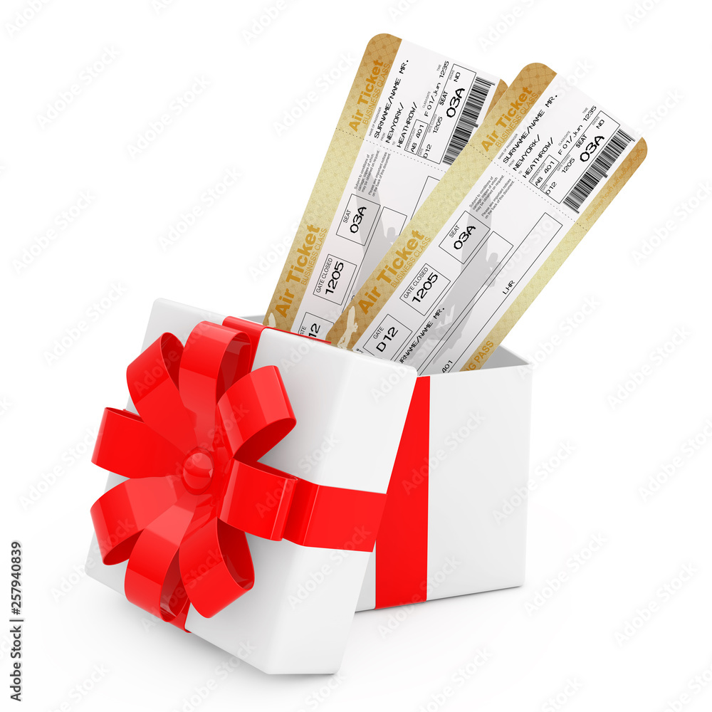 Poster airline boarding pass tickets in gift box with red ribbon and bow. 3d rendering