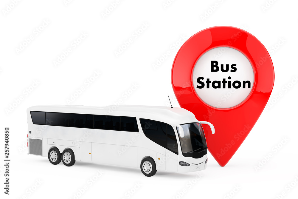 Leinwandbilder big white coach tour bus near target pin pointer with bus station sign. 3d rendering