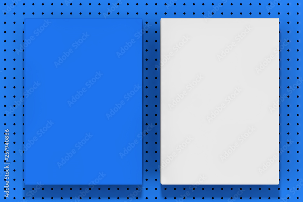 Poster Stack of Blue And White Blank Mockup Paper Sheets on a Blue Small Polka Dot Background. 3d Rendering