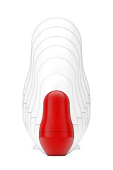 Red One Nesting Doll in front of Row of Russian Blank White Matryoshka Nesting Dolls Mockups in Clay Style. 3d Rendering