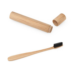 Wooden Bamboo Tooth Brush with Case Cover. 3d Rendering