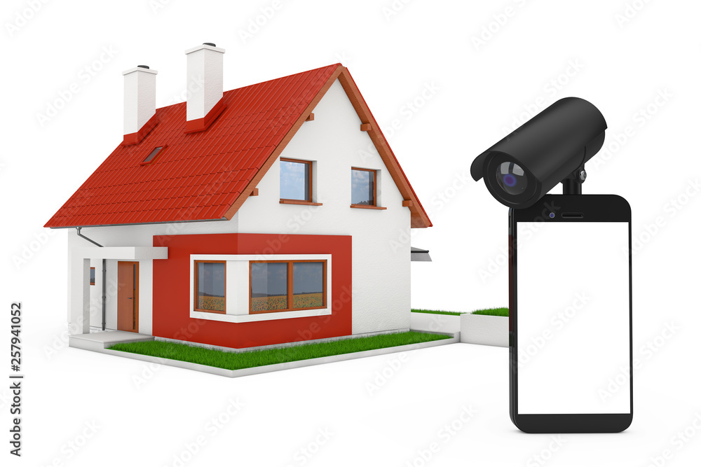 Poster Home Security Concept. Mobile Phone with Blank Screen and Security Camera in front of Cottage House Building. 3d Rendering