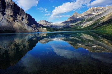 Mountains reflection in Bow Lake in National park Banff in Canada
