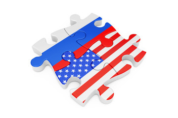USA and Russia Cooperation Puzzle as Flags. 3d Rendering