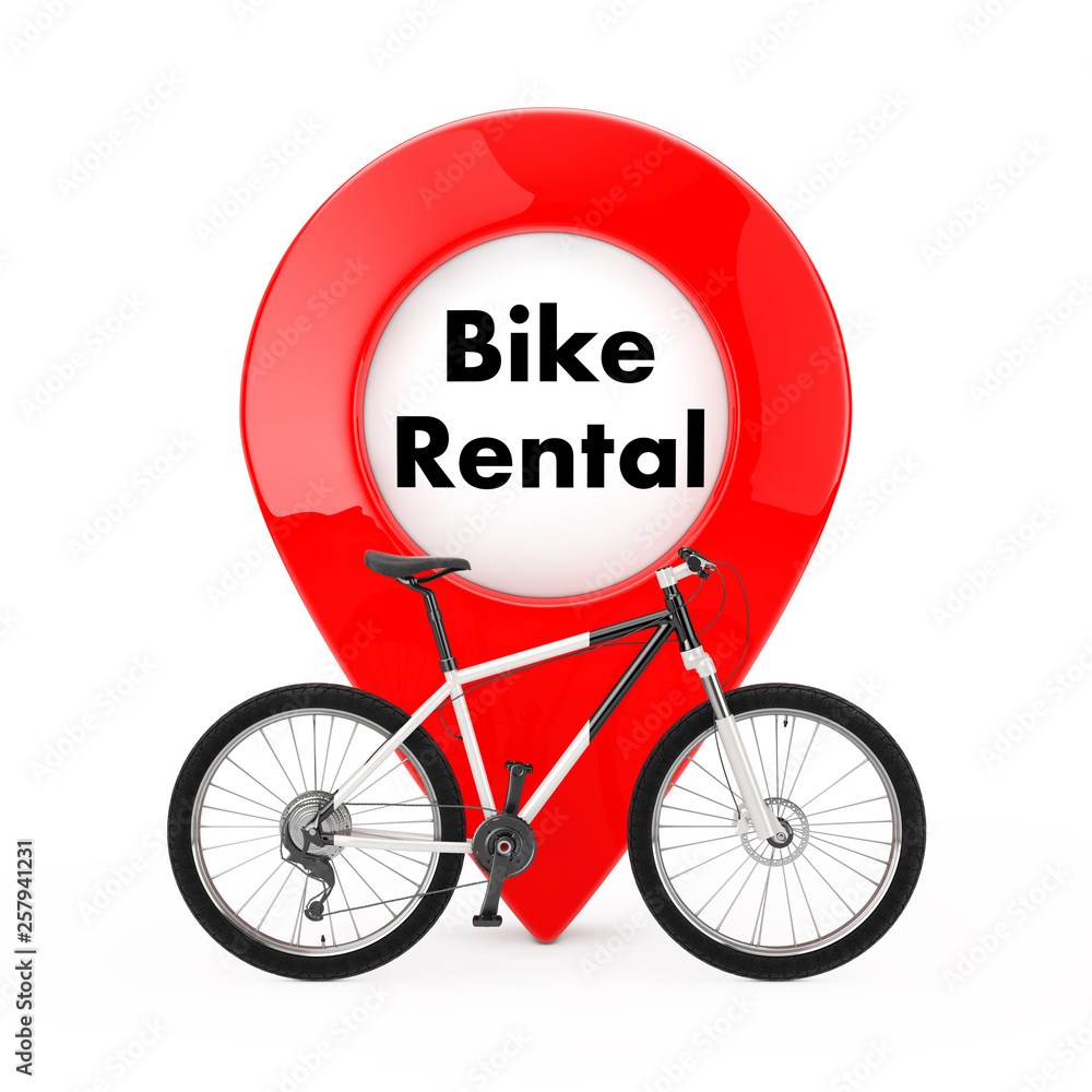 Poster black and white mountain bike in front of map pointer pin with bike rental sign. 3d rendering