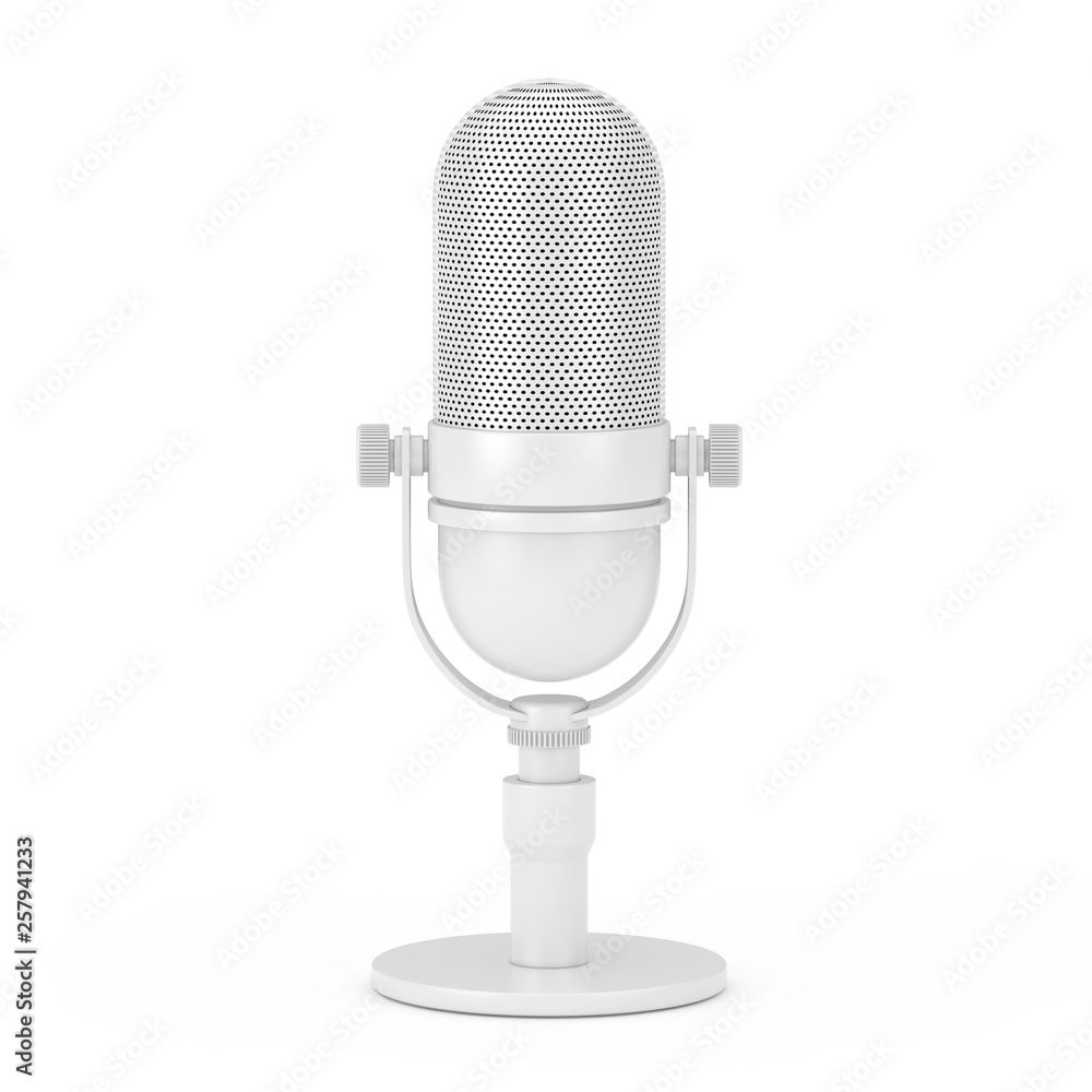 Poster vintage white microphone in clay style. 3d rendering