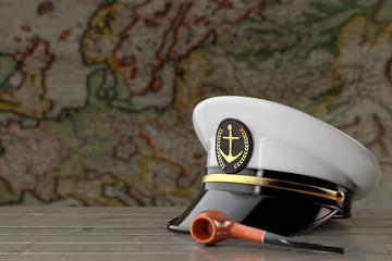 Naval Officer, Admiral, Navy Ship Captain Hat with Smoking Tobacco Pipe on a Wooden Table in front of Antique Map. 3d Rendering