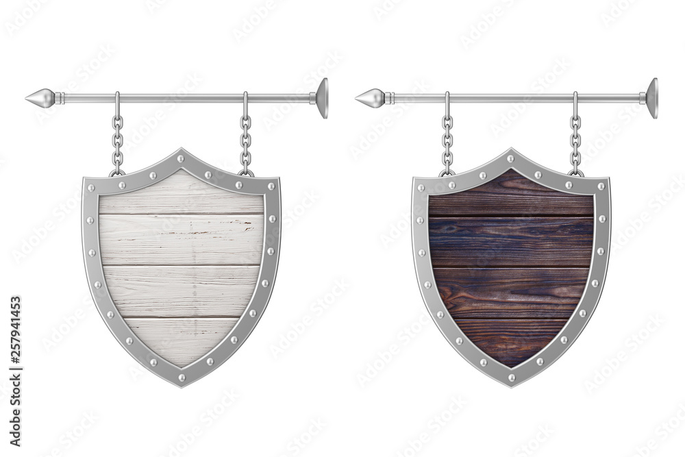 Poster shield shaped rusty wooden signboard with chains. 3d rendering