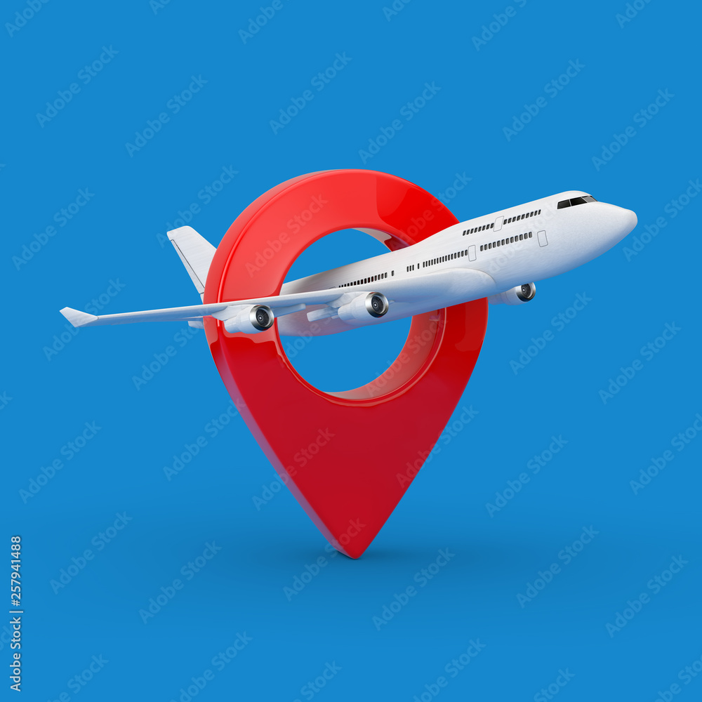 Poster White Jet Passenger's Airplane with Target Pin Map Pointer. 3d Rendering