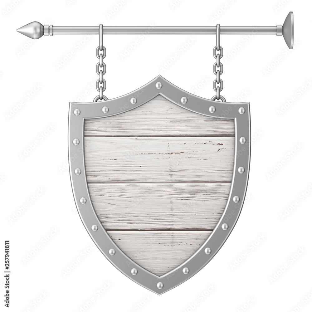 Poster shield shaped rusty wooden signboard with chains. 3d rendering