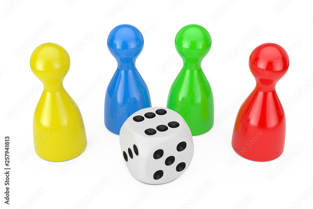 Aufkleber set of multicolour board game pawn figures mockup with white game dice cube. 3d rendering